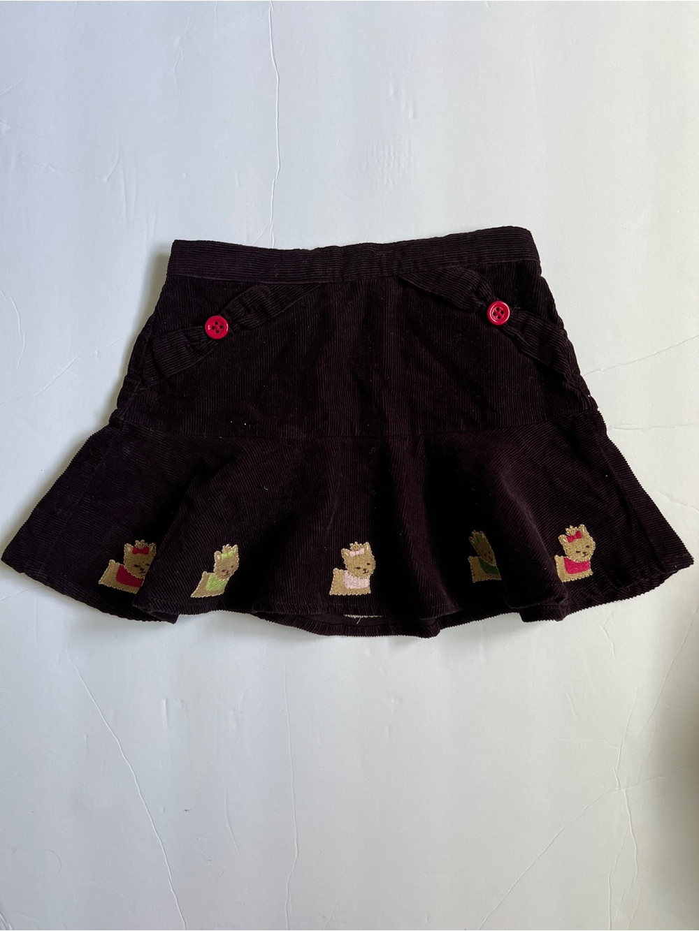 Girls Brown Corduroy Flared Skirt with Cute Bear Embroidery